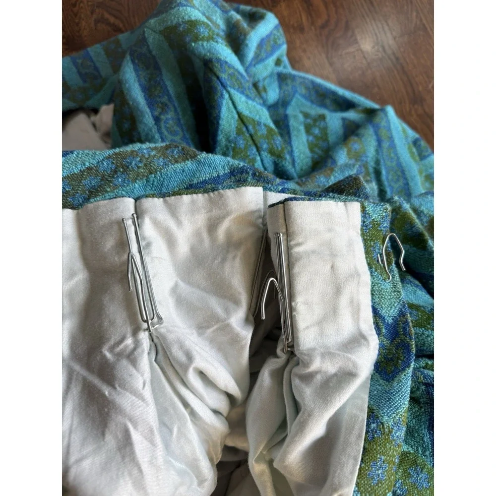MCM European Linen Pinch Pleat Drapery Panel. 1 of 3. Turquoise/Olive Green